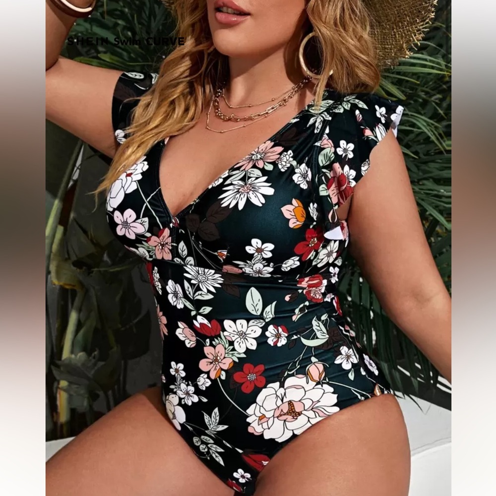 SHEIN Floral One Piece Swimsuit - Black and Multicolor